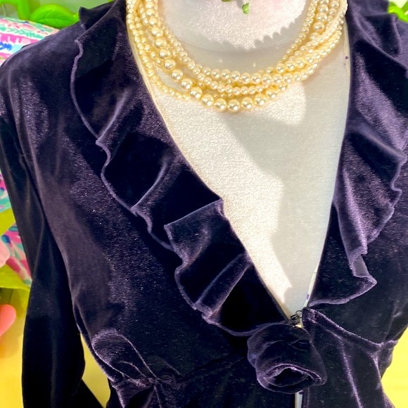 Deep purple caviar velvet open front jacket with ruffle and rosebud - Picture 2 of 7